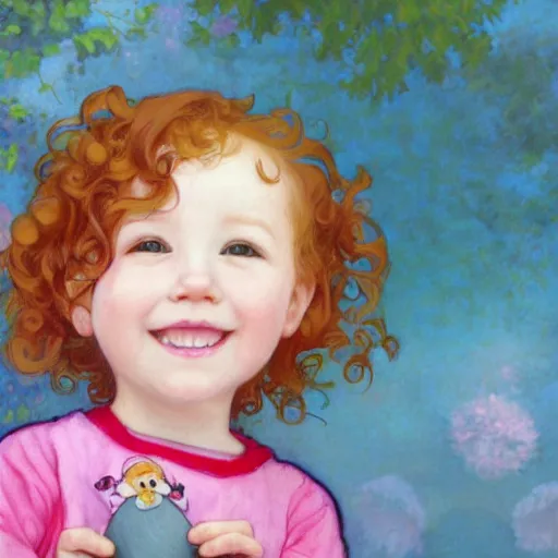 Prompt: a beautiful [[[[[smiling]]]]] little redheaded toddler girl with short loosely curly hair, at the park on a beautiful day, holding a round all-pink stuffed penguin, by Artgerm, Mucha Klimt, Hiroshi Yoshida and Craig Mullins, featured on Artstation, CGSociety, Behance HD, Deviantart