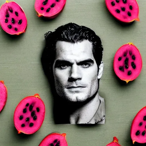 Image similar to dragonfruit portrait of henry cavill, made of dragonfruit seeds, inside a dragonfruit