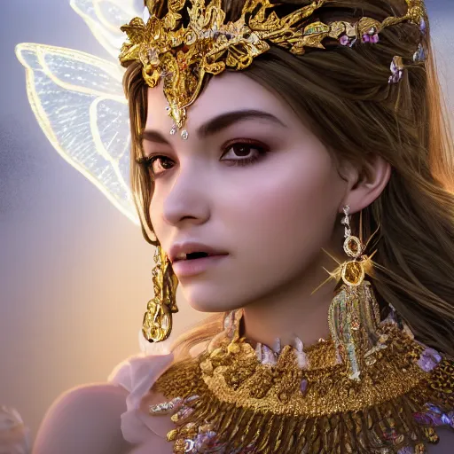 Image similar to portrait of fairy princess, glowing, ornate and intricate jewelry, jaw dropping beauty, glowing background lighting, white accent lighting, hyper detailed, fairy tale, 4 k octane render