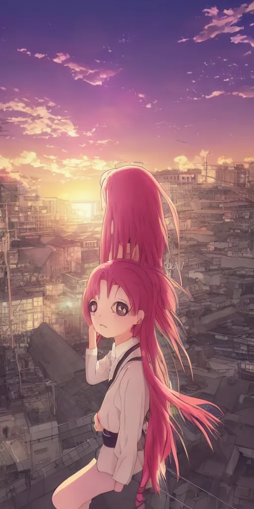 Image similar to anime art, anime key visual of a cute elegant anime girl with pink hair and big eyes, city rooftop at sunset with clouds, golden hour sunset, background blur bokeh!, beautiful lighting, high quality illustration, studio ghibli