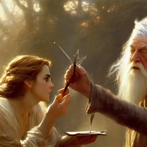 Image similar to gandalf and emma watson studying magic, highly detailed painting by gaston bussiere, craig mullins, j. c. leyendecker 8 k