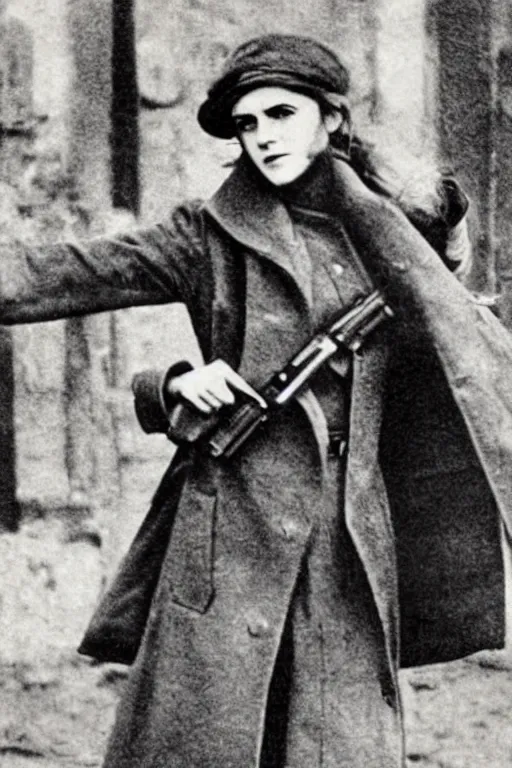 Image similar to photograph of soviet chekist comrade emma watson, standing in a long leather coat with mauser pistol, vintage revolution photograph, famous photo