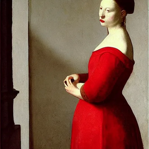 Prompt: sublime portrait of a woman in a red dress, pale, graceful, imposing, idealistic, by Vermeer, Rubens, realistic