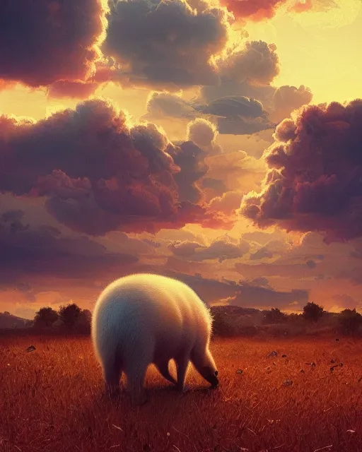 Image similar to white capybara in roman empire, surreal photography, sunrise dramatic light, impressionist painting, colorful clouds, digital painting, artstation, kilian eng, john harris, bastien lecouffe - deharme, simon stalenhag, flower face