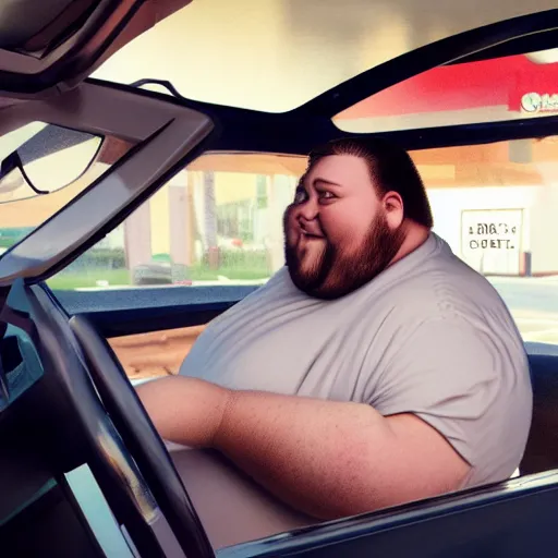 Prompt: fat guy at drive through ordering food, hyper-realism, realistic, detailed, 8k, hd, render,