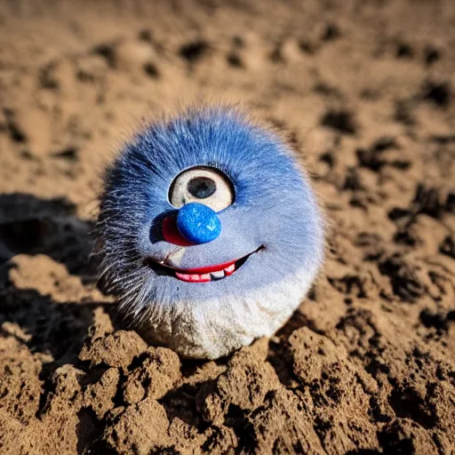 Image similar to photo of a small round creature made of dirt with round blue eyes and a round clown nose and a cute smile