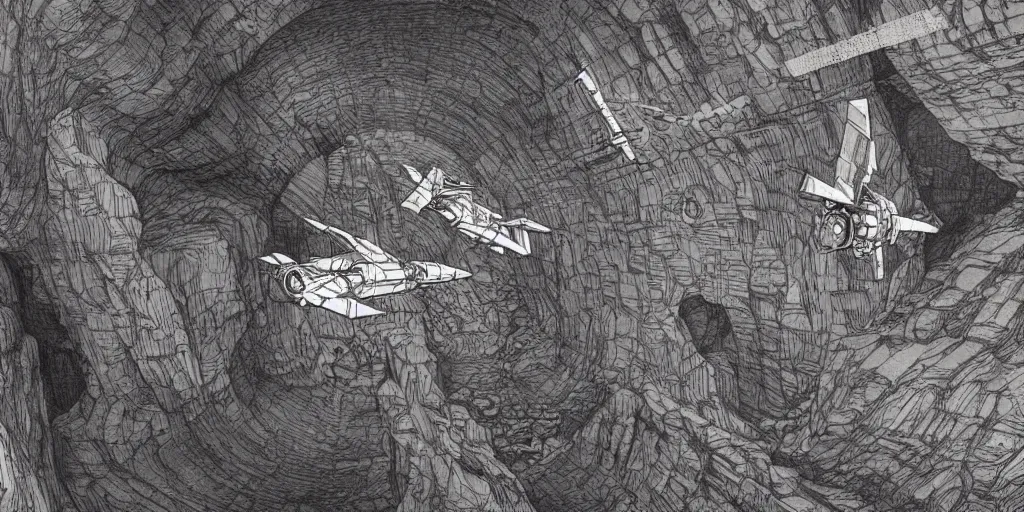 Prompt: ultra detailed space fighter drone flying through a mining cave, by Escher and Moebius and Mohrbacher