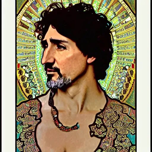 Prompt: detailed art Justin Trudeau, by Alphonse Mucha and Gustav Klimt