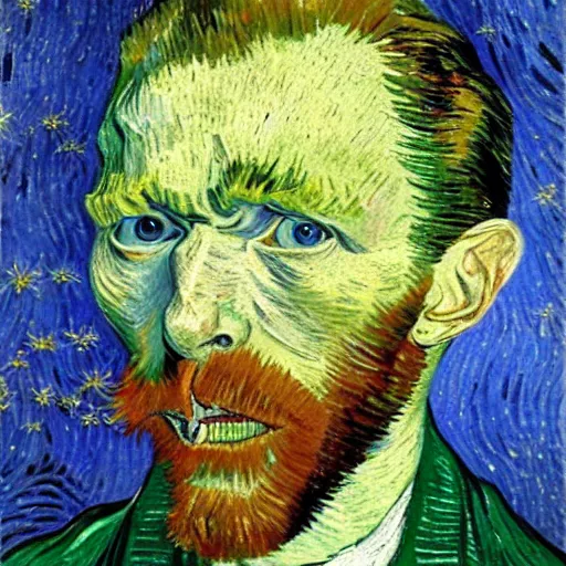 Image similar to van gogh painting of a man with insects in his eyes, bloody face, ugly teeth