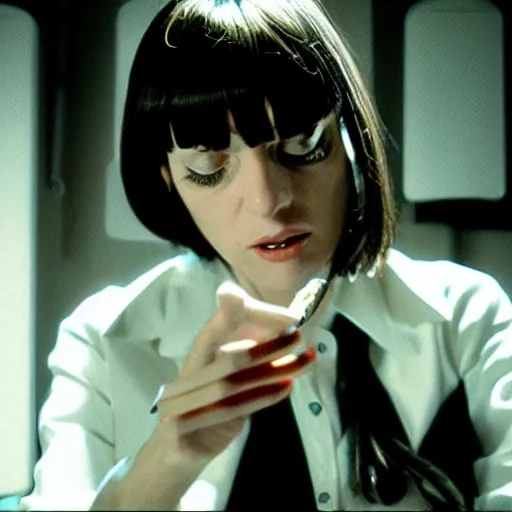 Prompt: movie still of robot mia wallace, cinematic composition, cinematic light, criterion collection, by edgar wright