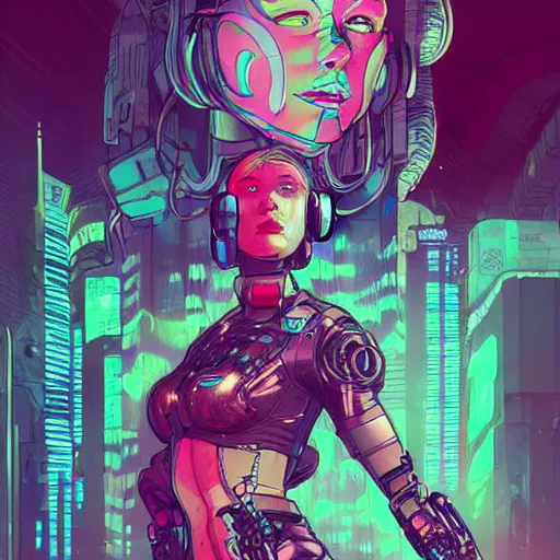 Image similar to comic book illustration, a portrait of a cybernetic raver girl, cyberpunk concept art by josan gonzales and wlop, highly detailed, intricate, sci-fi, sharp focus, Trending on Artstation HQ, deviantart