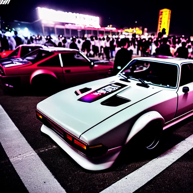 Prompt: a car S30 twin turbo drift at illegal car meet, Saitama prefecture, city midnight mist lights, cinematic lighting, photorealistic, highly detailed wheels, high detail