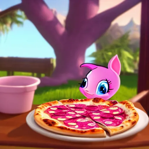 Image similar to pinky pie eating pizza, unreal engine