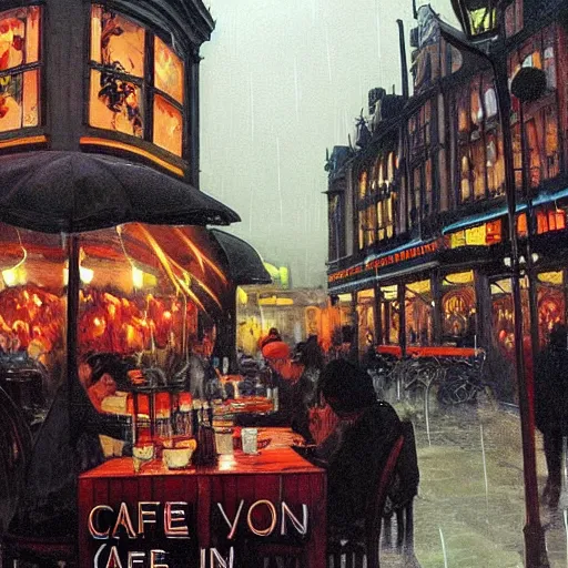 Image similar to busy cafe in a rainy victorian city, neil gaiman