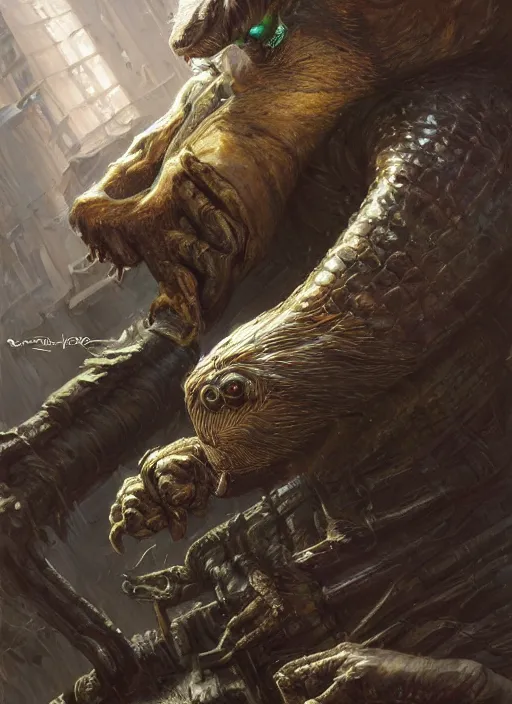 Image similar to cyber beaver downtown cn tower mf doom reptile eyes, wet furry skin. intricate, elegant, highly detailed, centered, digital painting, artstation, concept art, smooth, sharp focus, illustration, artgerm, tomasz alen kopera, peter mohrbacher, donato giancola, joseph christian leyendecker, wlop, frank frazetta