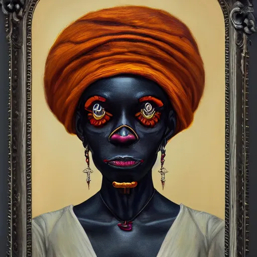 Prompt: a symmetrical portrait of a voodoo witch, oil painting, pale colors, high detail, 8 k, wide angle, trending on artstation,