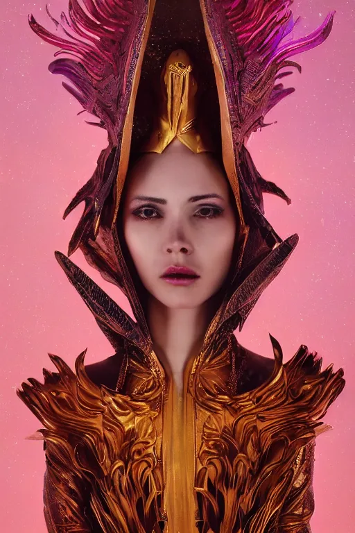 Image similar to an attractive powerful young slim 30yo female goddess of fire wearing a divine costume with a magnificent hood, feminine divine, award winning contemporary art close up headshot matte painting by Alessio Albi, Ross Tran, and WLOP, her outfit is intricate and was designed by Frank Stella and Masaaki Yuasa, portrait, trending on artstation, volumetric gel light