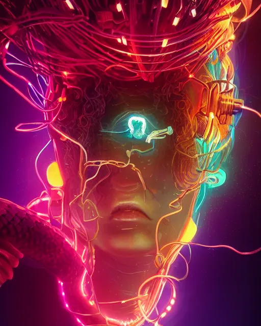 Image similar to a cyberpunk close up portrait of cyborg medusa, electricity, rainbow, snakes in hair, sparks, bokeh, soft focus, skin tones, warm, daylight, geometric, by unreal engine, paul lehr, jesper ejsing