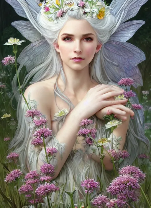 Image similar to highly detailed ilustration of a beautiful white haired woman as a fairy princess in a garden holding a bunch of wild flowers, deep focus, d & d, fantasy, intricate, elegant, highly detailed, digital painting, artstation, concept art, matte, sharp focus, illustration, hearthstone, art by artgerm and greg rutkowski and alphonse mucha and marco mazzoni