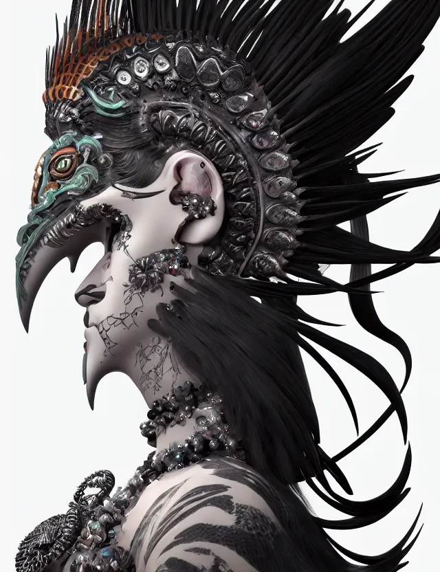 Image similar to 3 d goddess close - up profile portrait punk with mohawk with ram skull. beautiful intricately detailed japanese crow kitsune mask and clasical japanese kimono. betta fish, jellyfish phoenix, bio luminescent, plasma, ice, water, wind, creature, artwork by tooth wu and wlop and beeple and greg rutkowski