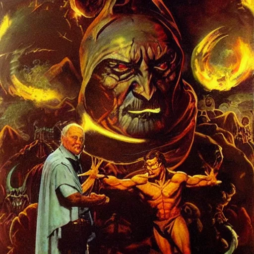 Image similar to wizard surrounded by crt televisions, oil on canvas, frank frazetta, john williams