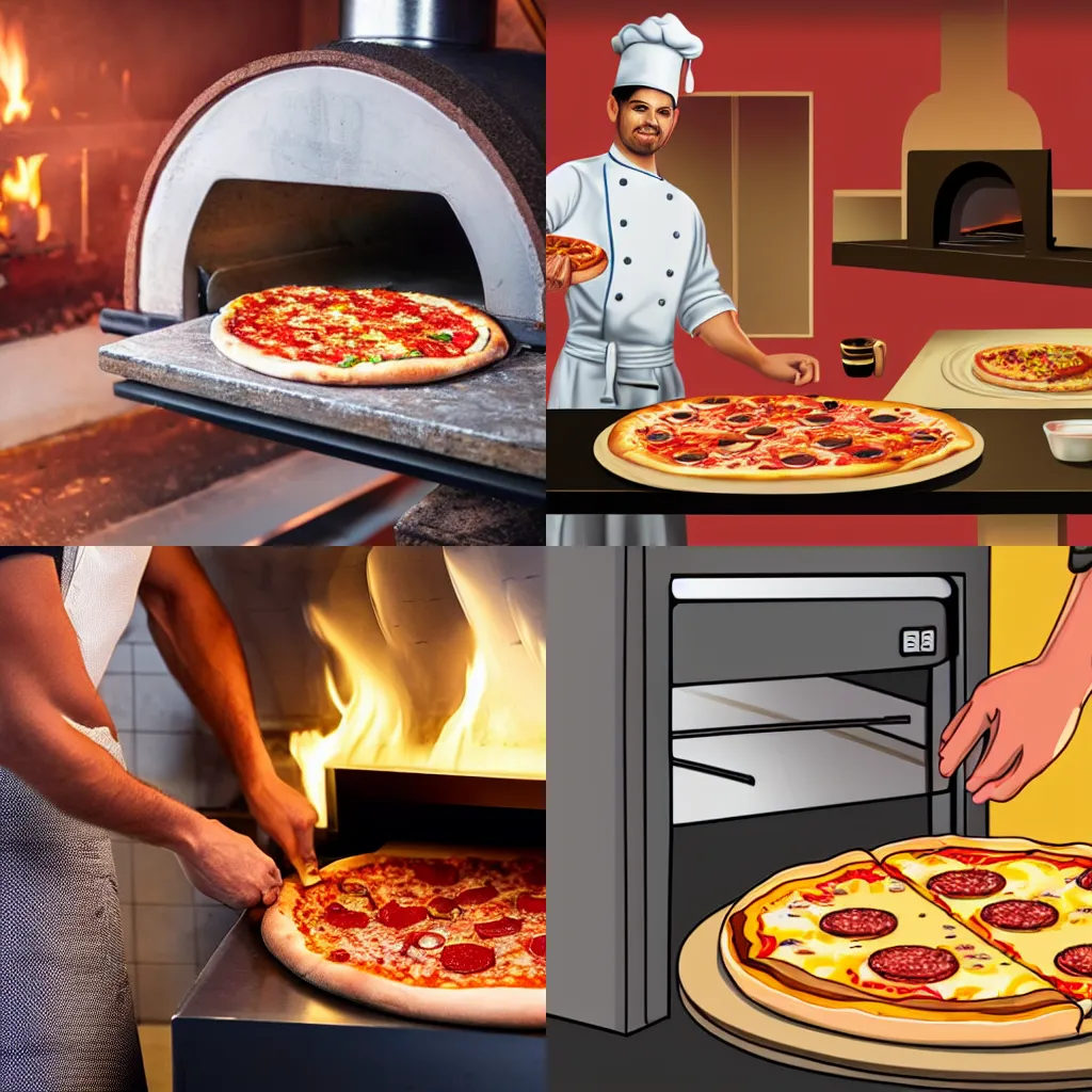 Prompt: a cook putting a pizza salami in a hot stone oven in a restaurant, hyperdetailed, ultra realistic, warm colors