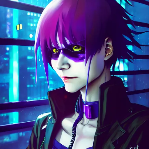 Image similar to cyberpunk anime art, refractions on lens, the joker as a beautiful cyborg girl in the style of arcane, full round face, biomechanical details, full body shot, rain, wet street, window reflections, lens flare, wlop, ilya kuvshinov, artgerm, krenz cushart, greg rutkowski