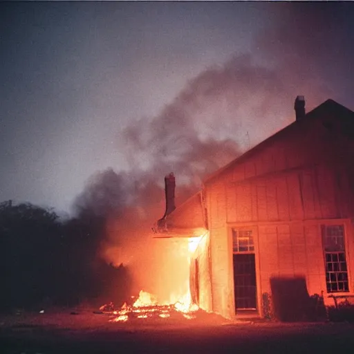 Image similar to Gregory Crewdson full color Photography, A woman walks calmly while her house is on fire, atmospheric lighting , moonlight