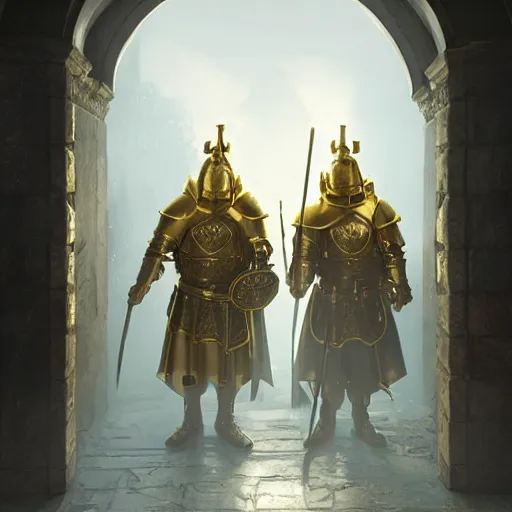 Prompt: 2 knights wearing gold armor guarding a door, artstation, volumetric lighting, exquisite detail, octane render, 8 k postprocessing, fantasy, medieval, highly detailed, art by greg rutkowski
