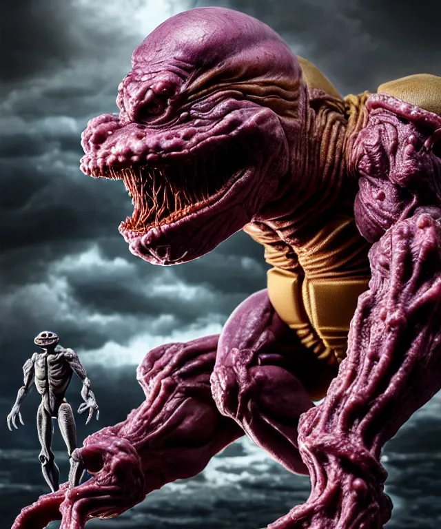 Prompt: hyperrealistic rendering, epic boss battle, cronenberg flesh monster tmnt, by art of skinner and richard corben, product photography, collectible action figure, sofubi, hottoys, storm clouds, outside, lightning