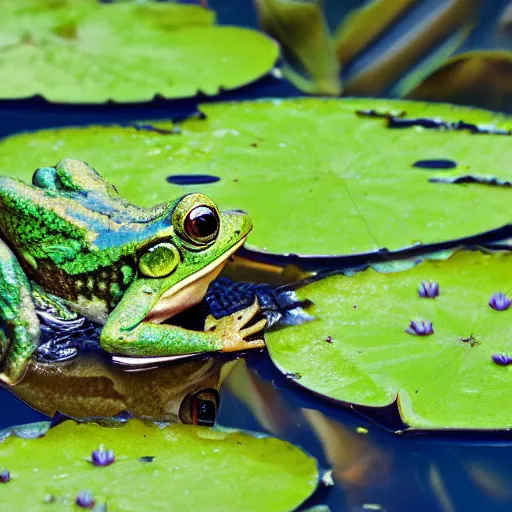 Image similar to close - up of a flirty frog in the pond with water lilies, shallow depth of field, highly detailed, autumn, rain, bad weather, ominous, digital art, masterpiece, matte painting, sharp focus, matte painting, by isaac levitan, by monet, asher brown durand,