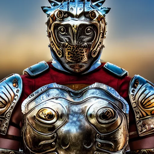 Image similar to warrior with jaguar armour, highly detailed, 4k, HDR, smooth, sharp focus, hyper realistic, high resolution