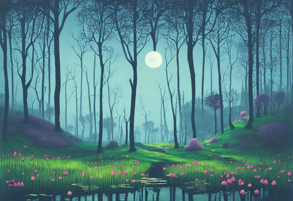 Prompt: ( ( ( gediminas pranckevicius ) ) ), a pond in the forest, moonlight, flower garden summer morning, very coherent and colorful high contrast art by simon stalenhag floralpunk screen printing woodblock, dark shadows, pastel color, hard lighting, dan munford