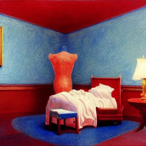 Image similar to an ivory golden young girl in a blue and red haunted liminal abandoned room, film still by edward hopper, by gottfried helnwein, by klimt, art noveau, highly detailed, strong lights, liminal, eerie, bright pastel colors,