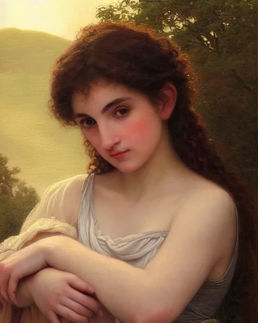 Image similar to beautiful glorious realistic oil painting of enya, bokeh, in the style of bouguereau, sunset, highly detailed and photorealistic, 8 k high detail and intricate
