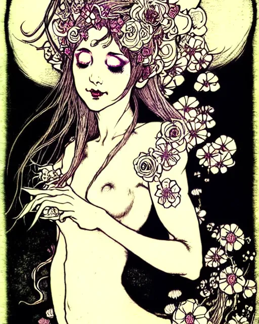 Image similar to burlesque elf, flowers in hair, fantasy character portrait, soft clouds, floral sunset, ultra realistic, concept art, intricate details, art nouveau, japanese woodblock, cinematic, highly detailed by arthur rackham