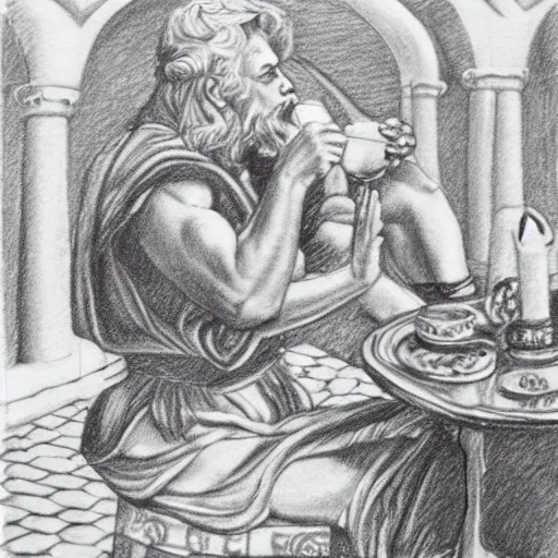 Image similar to zeus drinking tea in the olympus, pencil drawing