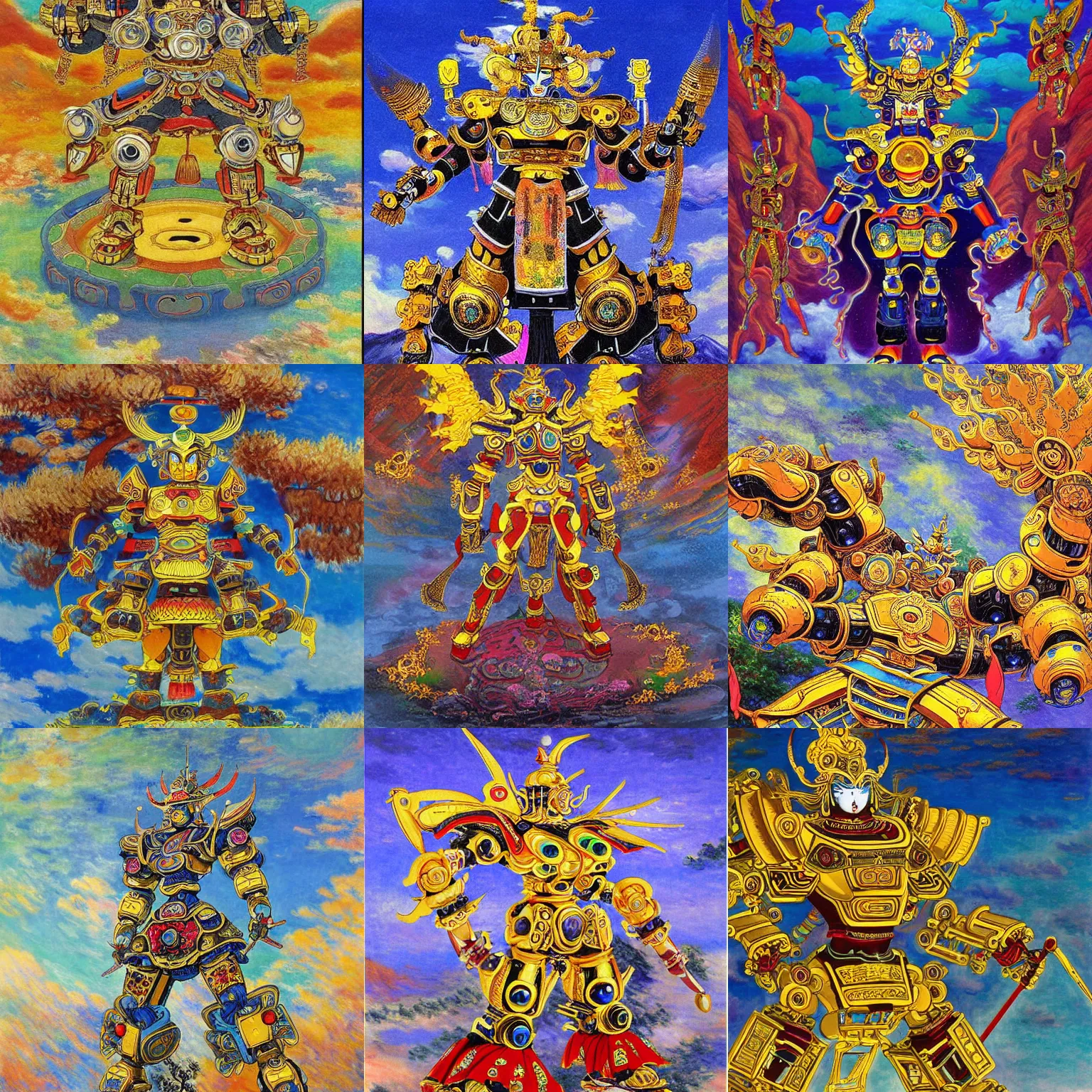 Prompt: tibetan art of a masamune shirow golden mecha boddhisatva. armoured robotic god. dzogchen rainbow tigle, trees, sky. fantasy art, beautiful painting by claude monet