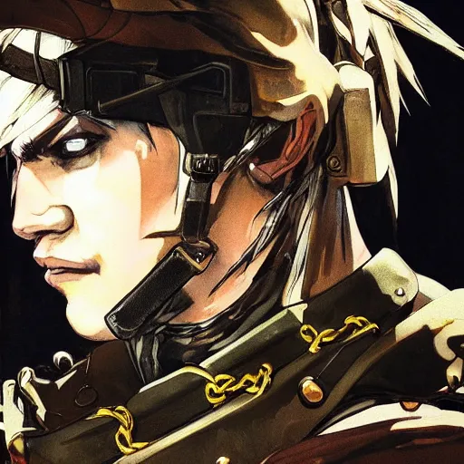 Image similar to portrait of a young white hero using his right arm to hold his sword covering his eye by yoji shinkawa, high quality, extra details, realism, ornate, colored, golden chain, blood, white skin, short hair, brown eyes, vivid, sunlight, dynamic, american man, freedom, white american soldier, painting, cybernetics, military