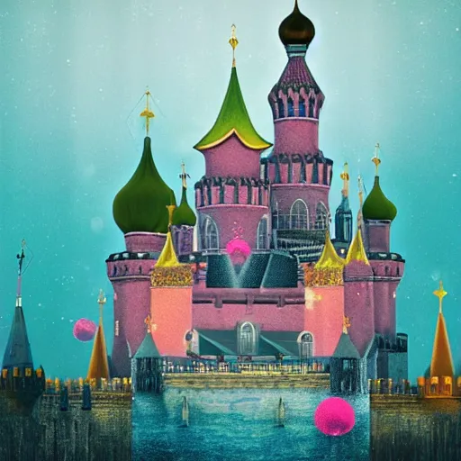 Image similar to underwater castle with kremlin spires, pastel colors, bright landscape, fairytale, dreamy light, complementary palette, floating particles, by jacek yerga and jesse king, bokeh, detailed