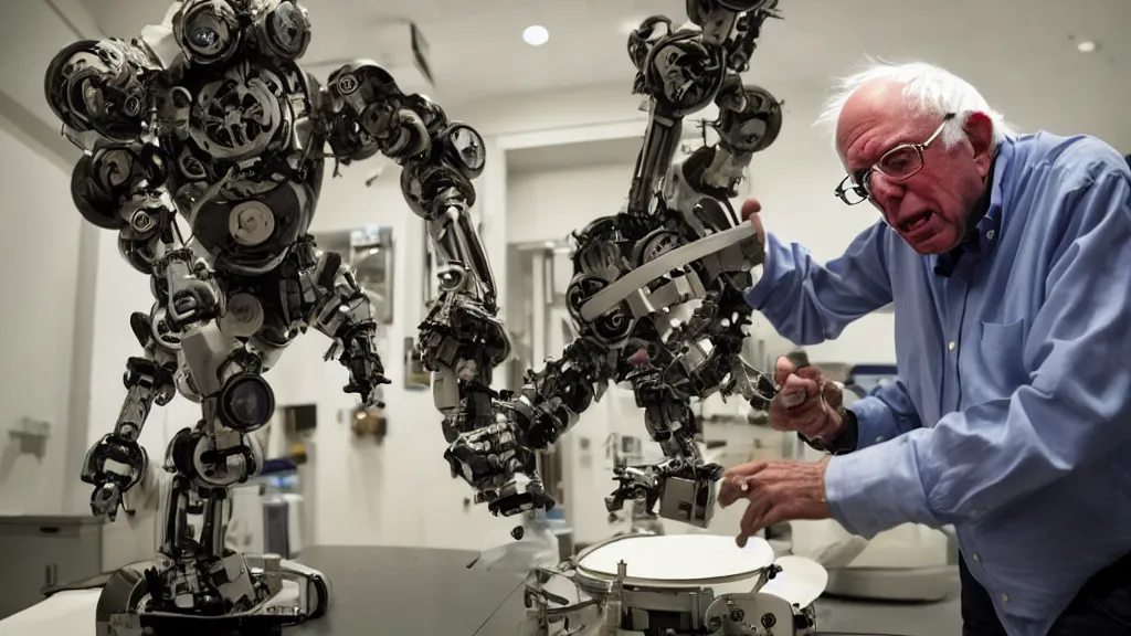 Prompt: bernie sanders putting the finishing touches on a ( ( cute ) ) clockwork doomsday robot, cinematic moody lighting, sharp focus, imax