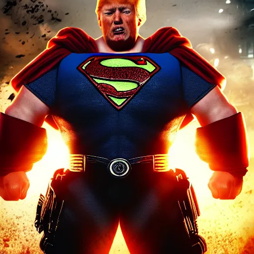 Image similar to Portrait of Donald Trump as superman in Gears of War, splash art, movie still, cinematic lighting, dramatic, octane render, long lens, shallow depth of field, bokeh, anamorphic lens flare, 8k, hyper detailed, 35mm film grain