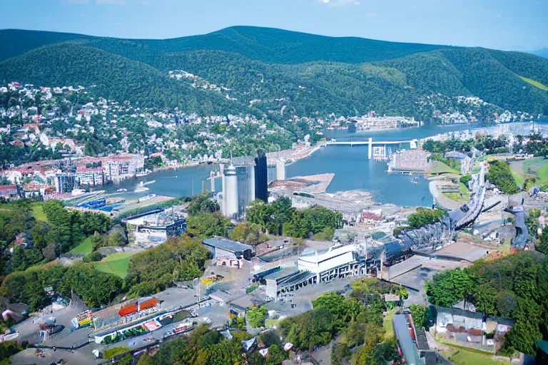 Image similar to bird's eye view photography of a small city. town hall, central farm, monorail station, beach and shipping dock. hills, woods and lake to the north.