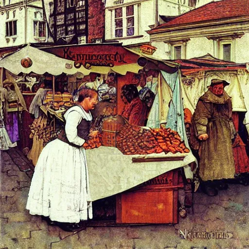 Prompt: a mockup of a medieval street market, art by Norman Rockwell