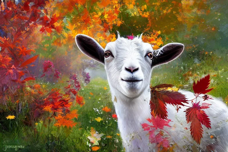 Prompt: cute goat with huge googley eyes eyes looks intensely into the camera, marijuana trees, multicolored weed leaves, dynamic lighting, landscape, artwork by jeremy lipkin and giuseppe dangelico pino and michael garmash and rob rey and greg manchess and huang guangjian and makoto shinkai, pixiv, 1 0 0 mm