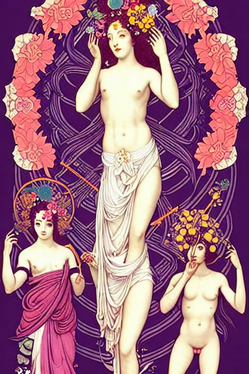 Image similar to 3 Deities symbolically representing March, April, and May, in a style blending Æon Flux, Peter Chung, Shepard Fairey, Botticelli, Ivan Bolivian, and John Singer Sargent, inspired by pre-raphaelite paintings, shoujo manga, and cool Japanese street fashion, dramatically blossoming flora and fauna, petals falling everywhere, pastel vivid triad colors, hyper detailed, super fine inking lines, ethereal and otherworldly, 4K extremely photorealistic, Arnold render