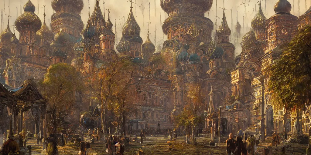 Prompt: beautiful magical ancient Slavic city of Kitezh, magic mist, strange buildings, oil painting, magic lights, painting by Viktor Vasnetsov, concept art, fantasy cityscape, ancient Russian architecture, painting by Ivan Shishkin, hyperborea, high resolution, trending on artstation,