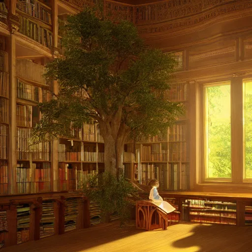 Prompt: a beautiful tall tree growing in the middle of an ancient Victorian library. a child reading a book under a tree in a library. by Albert Bierstadt, ultra-realistic, 4K, featured on artstation