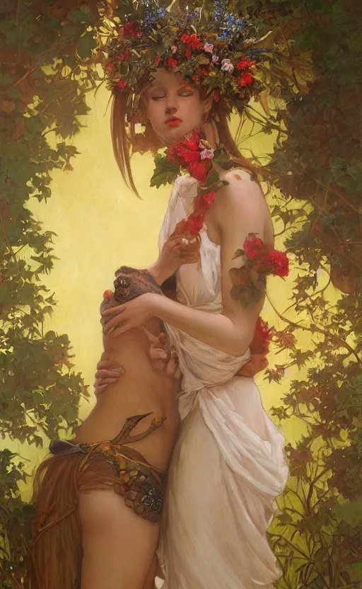 Prompt: a romance novel cover oil painting of a beautiful woman being embraced by a velociraptor, painted by mucha, floral headdress, 8 k resolution, octane render, trending on artstation, volumetric light