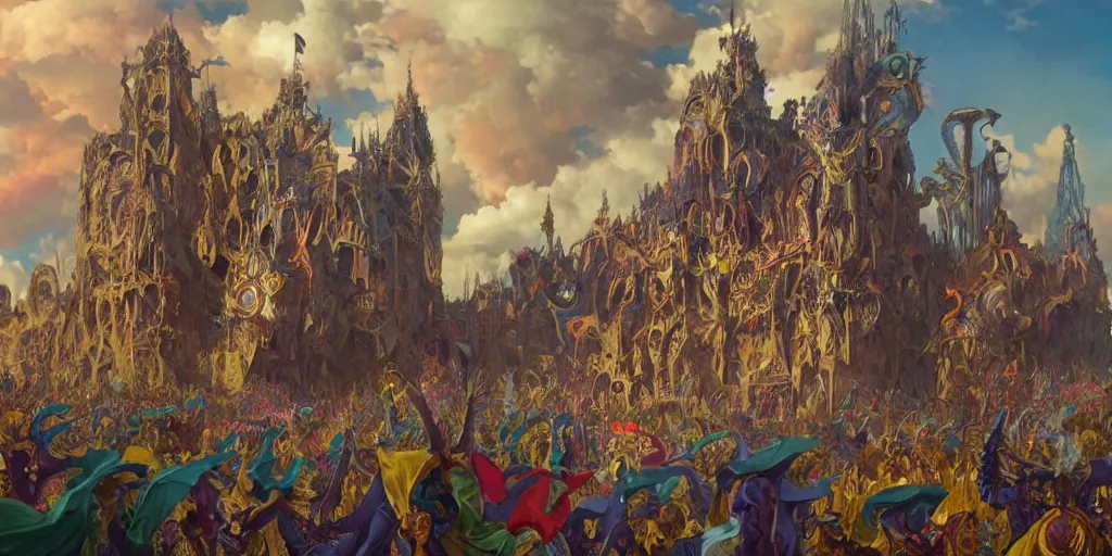 Image similar to matte painting of the carnival of the damned, expressive poses, acrobatic, rainbow eyes, ornate frilly dress, fantasy, intricate, elegant, highly detailed, digital painting, artstation, concept art, smooth, sharp focus, illustration, art by artgerm and greg rutkowski and alphonse mucha, Zdzisław Beksiński octane render, 3d, hyperrealistic